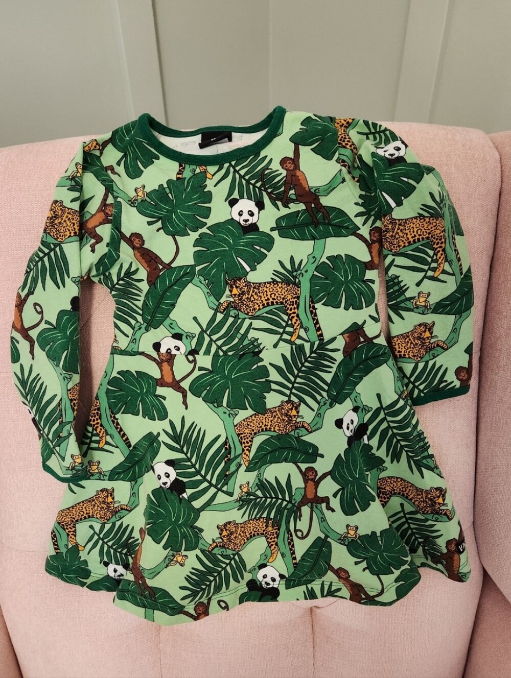 Villervalla 98 or 3t Organic Zoo Green Jungle Animal Print Long Sleev Dress